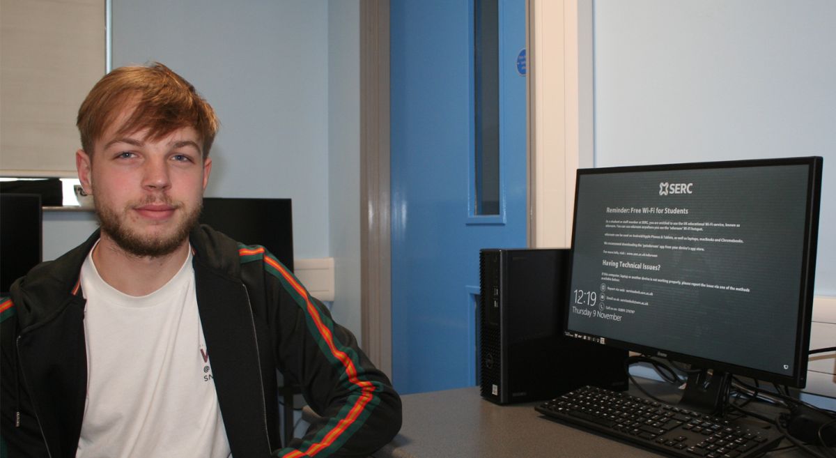 Felix Robbins, Foundation Degree in Computing student, in the classroom